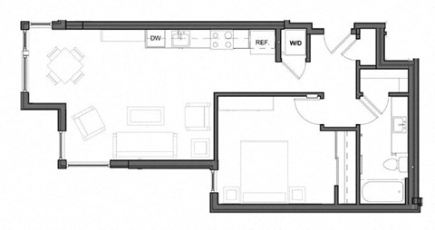 Floor plan for 1 bed, 1 bath, 660 sqft
